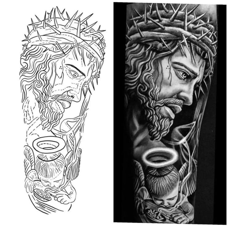 two different tattoos with jesus and mary on them