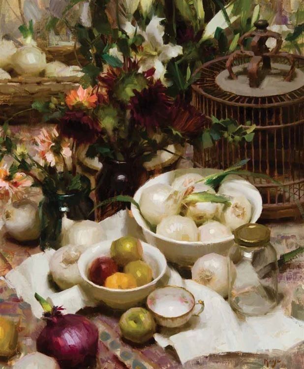 a painting of some fruit and vegetables on a table