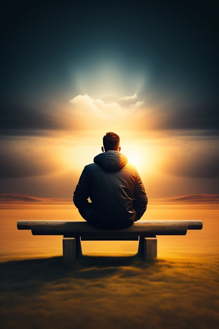 a man sitting on top of a bench in the middle of a field at sunset