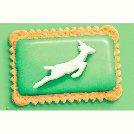 a cookie shaped like a dog on top of a green plate with white icing