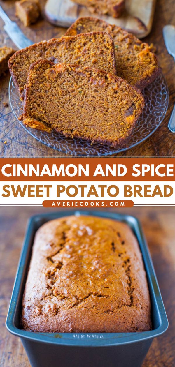 a loaf of cinnamon and spice sweet potato bread on a plate with the rest of the loaf in the pan