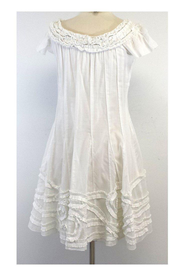 Size 8 P White Detailed Dress 100% cotton Sleeveless Elastic ruffled neckline Cap sleeves Ornamented hem Concealed partial side zip Shoulder to hem 35" Detailed Dress, White Cotton Dress, Ruffled Neckline, Catherine Malandrino, Casual Work, Dress 100, Work Casual, Cotton Dress, Dress Details