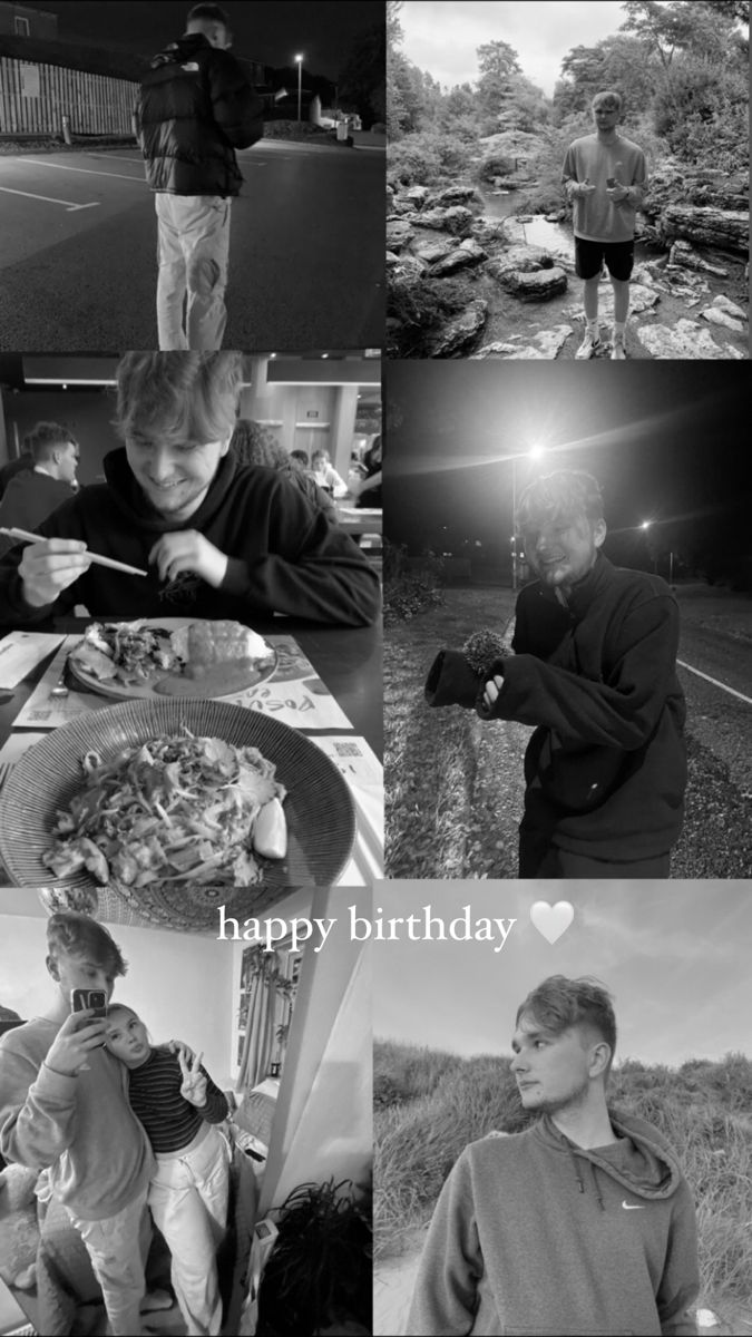 black and white photos of people eating food at a table with the words happy birthday written on it