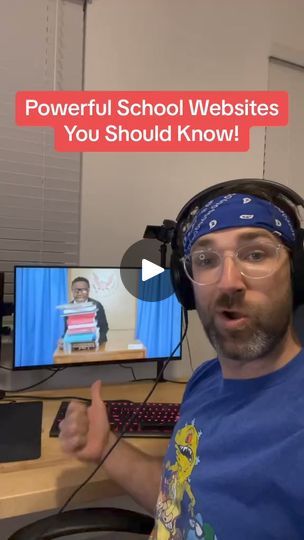 a man wearing headphones is talking to someone on the computer screen that says, powerful school website you should know