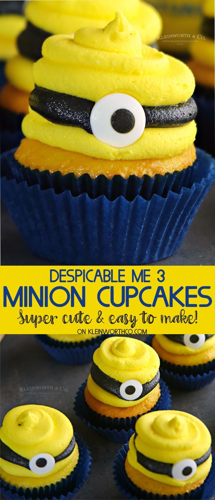 minion cupcakes with yellow frosting and eyes