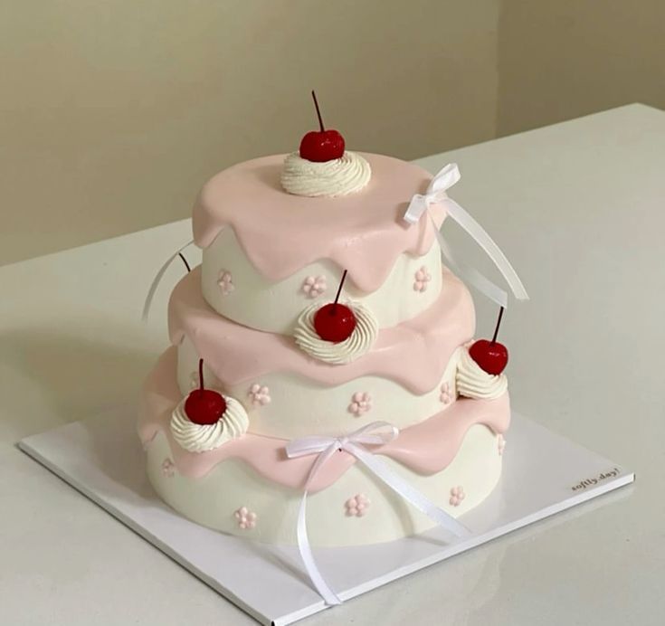 a three tiered cake with cherries on top and ribbons around the edges, sitting on a white surface