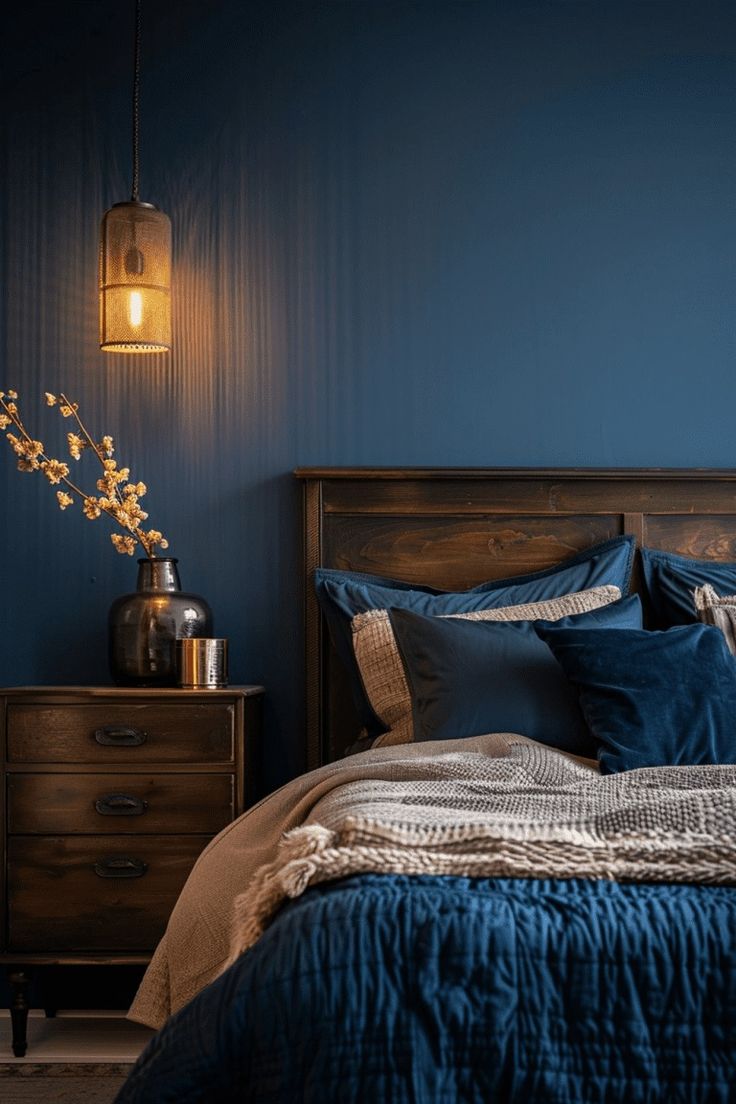 a bedroom with blue walls and wooden furniture