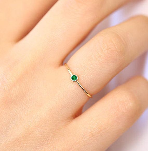 Emerald Ring/ 14k Gold Single Emerald 0.08ctw Engagement Ring/ Minimalist Emerald Birthstone Ring For Anniversary, Stackable Emerald Ring With Diamonds, Stackable Diamond Emerald Ring With Round Shape, Green Ring With Single Diamond In Fine Jewelry Style, 14k Gold Green Jewelry With Single Diamond, Gift Stackable Emerald And Diamond Ring, Green Diamond Ring In Fine Jewelry Style, Dainty Bezel Set May Birthstone Ring, Diamond Open Ring For May Birthstone