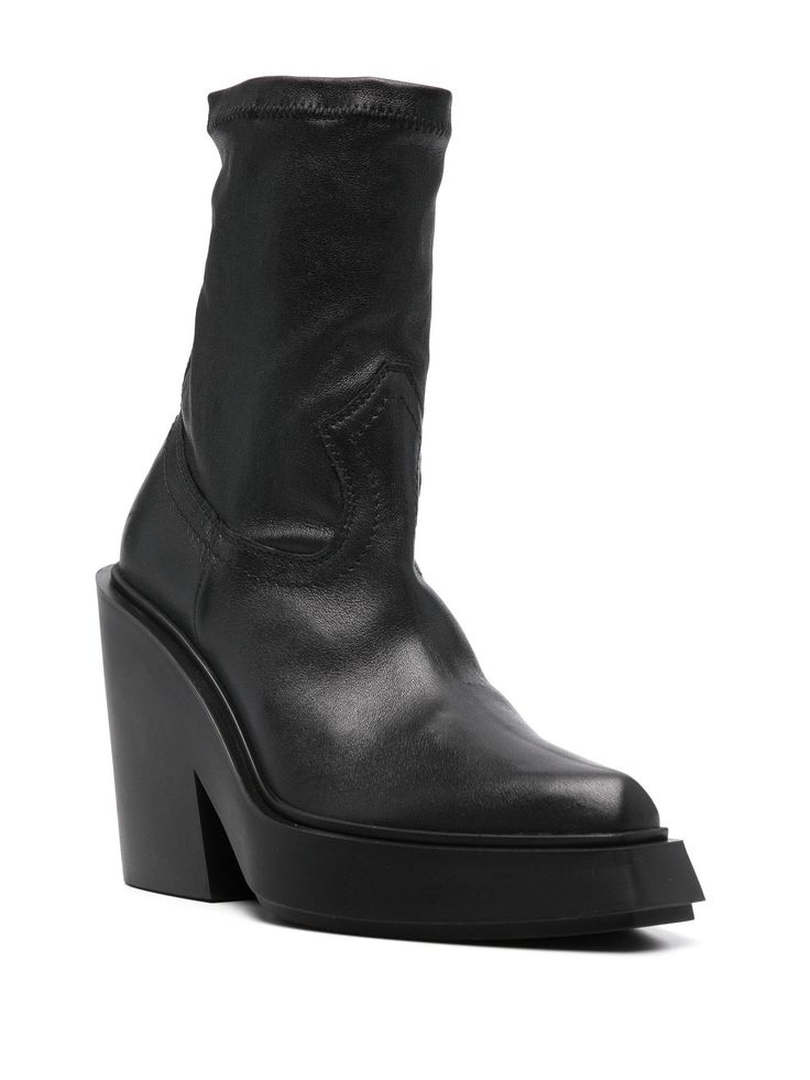 Black calf leather boots, pointed toe, Western-style panelling, ankle-length, branded insole, unlined, high block heel, rubber outsole, pull-on style, heel height 100mmComposition: Leather, 100% Calf Leather Boots With Sculpted Heel And Pointed Toe, Fall Pointed Toe Boots With Medium Fit, Fall Medium Fit Boots With Pointed Toe, Calf Leather Heeled Boots With Pointed Toe, Leather Platform Boots With Pointed Toe, Modern Platform Boots With Stacked Heel And Pointed Toe, Modern Pointed Toe Mid-calf Boots In Calf Leather, Calf Leather Boots With Reinforced Heel And Pointed Toe, Modern Mid-calf Boots In Calf Leather With Pointed Toe