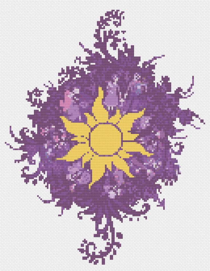 a cross - stitch pattern of a purple and yellow flower in the middle of it