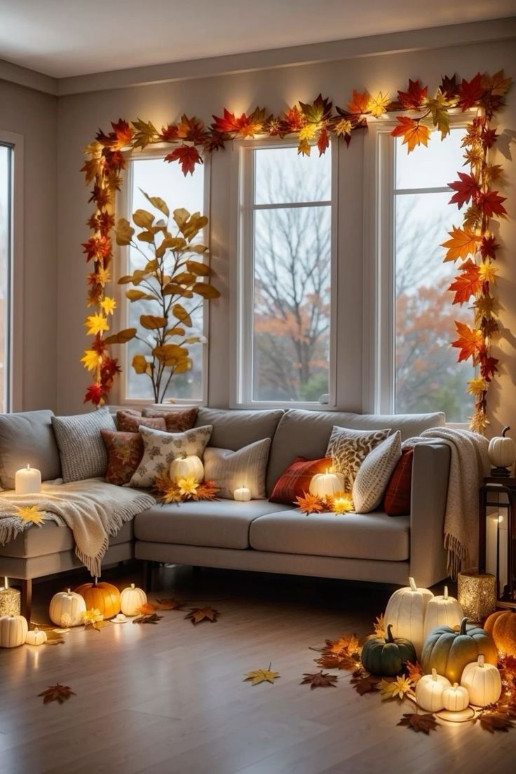 a living room filled with lots of candles and fall leaves on the windows sill