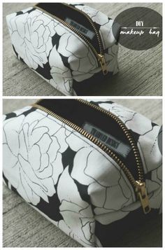 two pictures of the inside of a white and black flowered bag with gold zippers