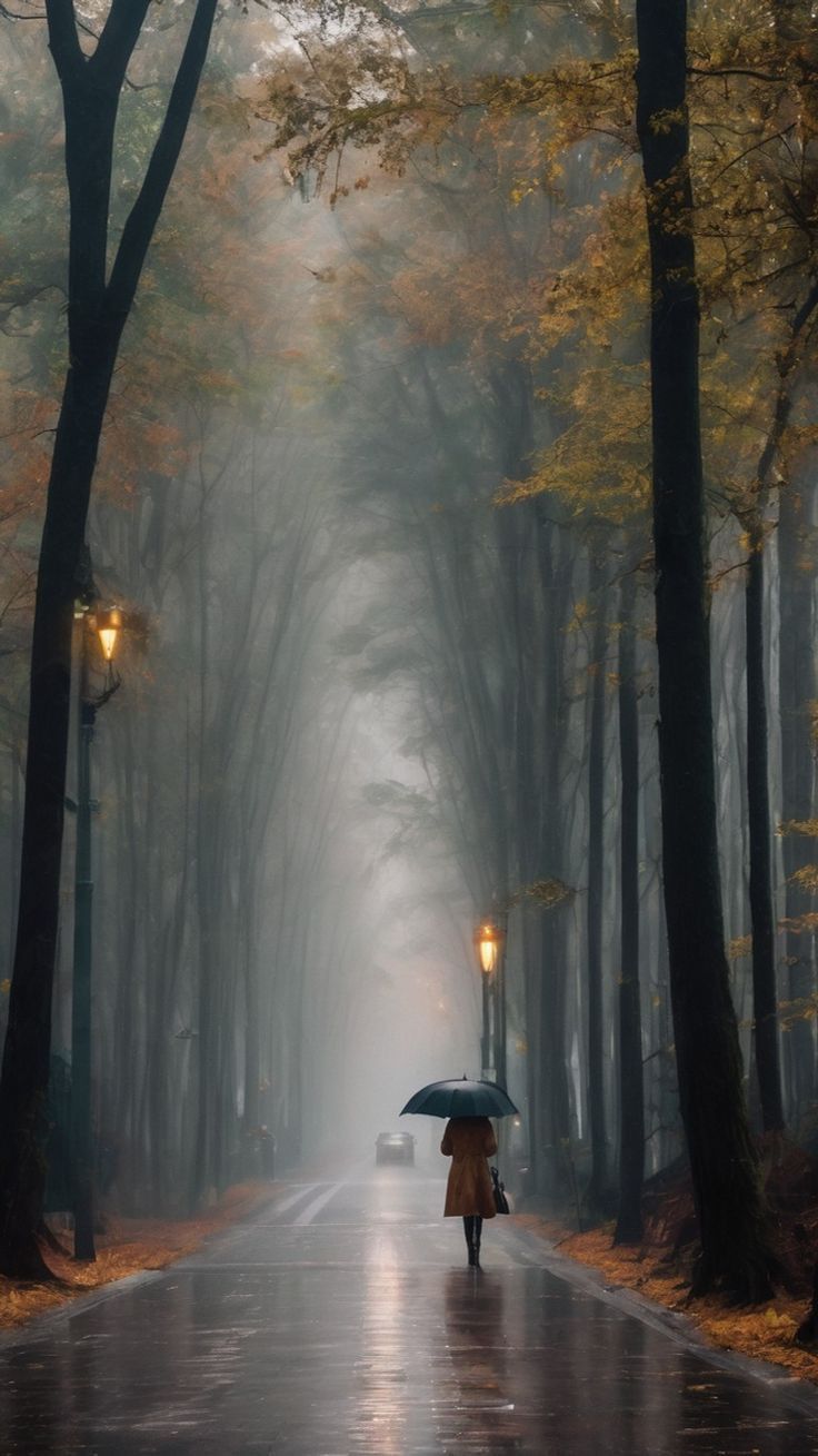 a person holding an umbrella walking down a road in the rain with trees lining both sides