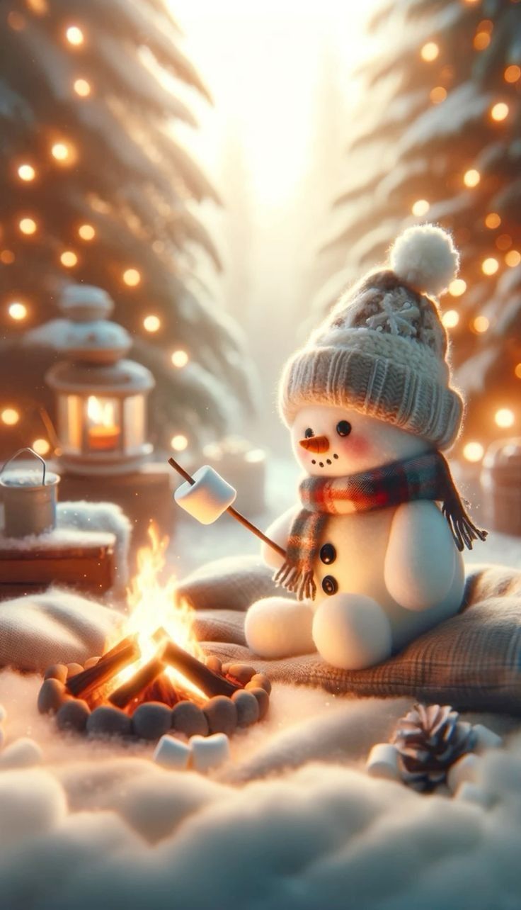 a snowman sitting in front of a campfire