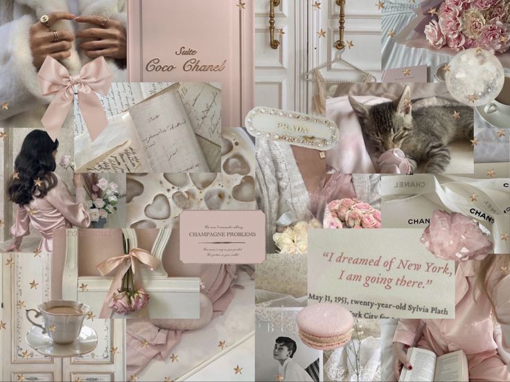 a collage of pink and white items including a cat, teddy bear, cupcakes, flowers, cards, and more