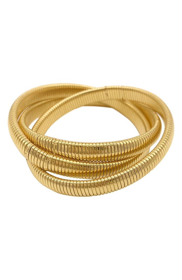 This interwoven bracelet creates the illusion of a trio of bracelets created from 14K gold vermeil brass. 25mm width 14K gold vermeil brass Imported Modern Multi-strand Gold Jewelry, Modern Gold Multi-strand Jewelry, Gold Metal Wrap Bracelet Bangle, Gold Stackable Wrap Bracelet Bangle, Gold Stackable Wrap Bracelet, Elegant Gold Metal Wrap Bracelet, Modern Gold Bracelet In Snake Chain Style, Adjustable Stackable Gold Necklaces, Flexible Gold-plated Bracelet