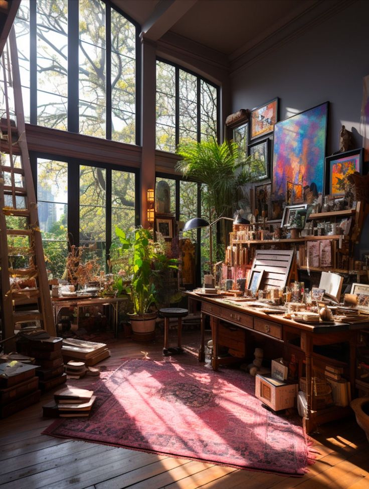 a room filled with lots of windows and furniture next to a red rug on top of a wooden floor