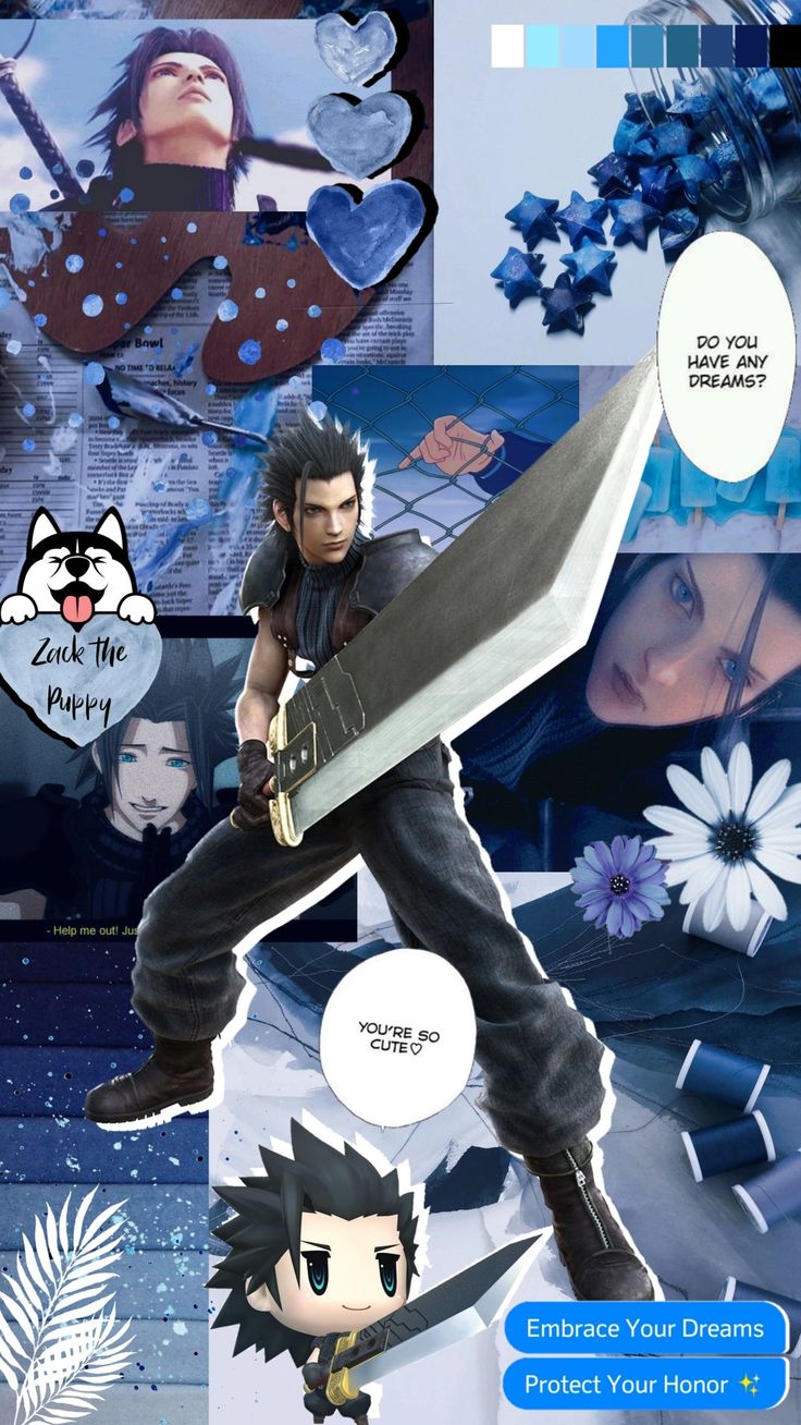 an anime character holding a large knife in front of a collage of photos and text