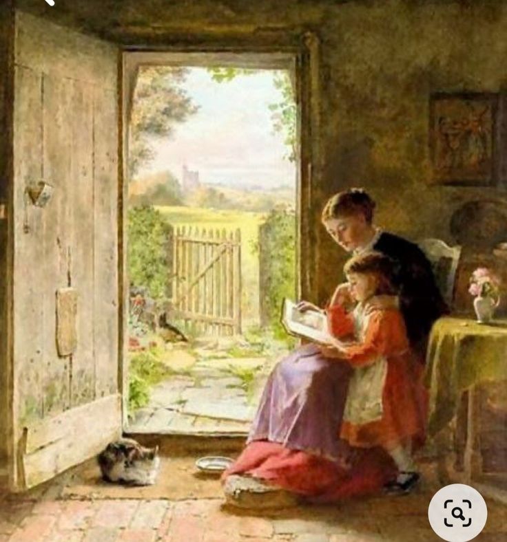 an image of a woman reading to a child by the door with a cat laying on the floor