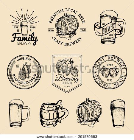 set of beer labels and emblems on the theme of brewing vintage engraving style hand drawn illustration