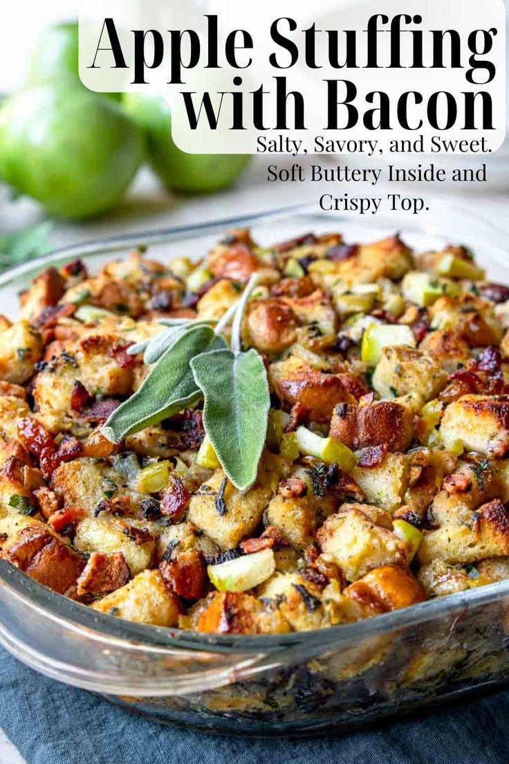 an apple stuffing casserole with bacon in a glass dish