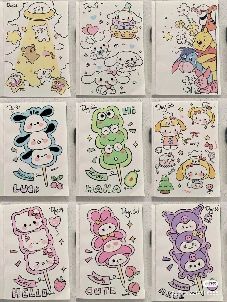 many different colored stickers with cartoon characters on them