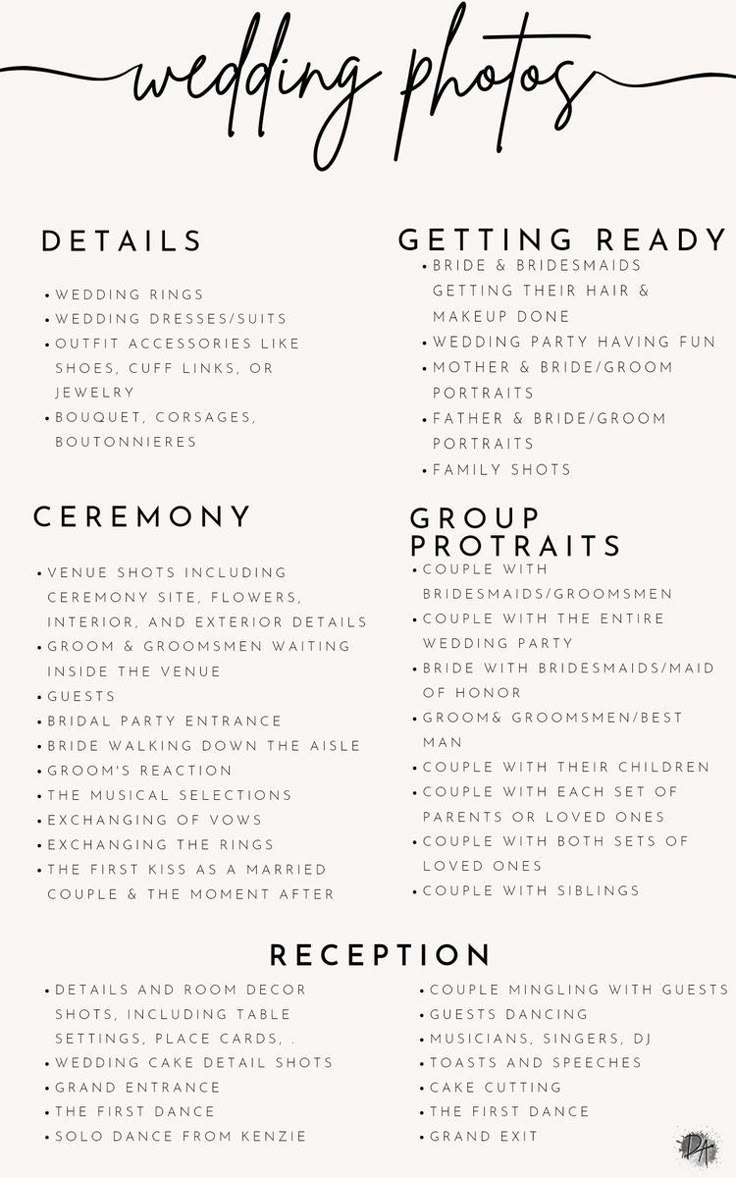 the wedding photography checklist is shown in black and white