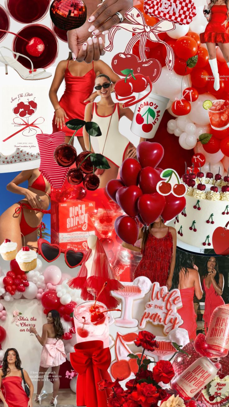 a collage of red and white images with hearts, balloons, hats, and other items