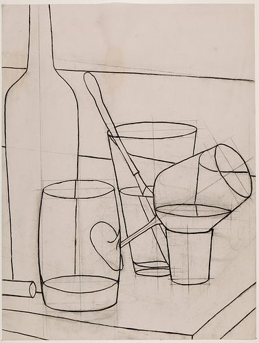 a black and white drawing of glasses, bottles and a spoon on a counter top