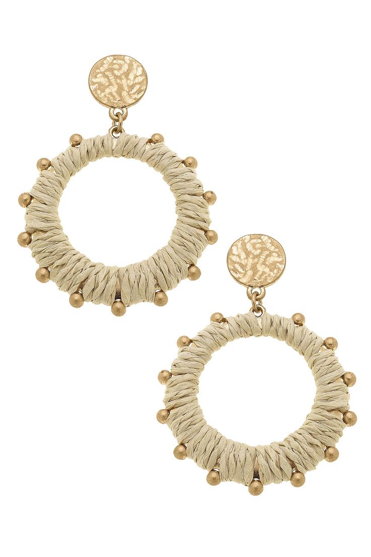 Introducing our Bora Bora Raffia Hoop Earrings. These earrings offer a unique, beachy aesthetic that adds a touch of effortless style to any look. Lightweight and comfortable, they are perfect for all-day wear. Chic Woven Earrings For Vacation, Summer Adjustable Circle Earrings, Chic Woven Jewelry For Vacation, Adjustable Circle Earrings For Summer, Trendy Gold Hoop Earrings For Vacation, Chic Woven Summer Jewelry, Chic Small Hoop Summer Earrings, Chic Small Hoop Earrings For Summer, Chic Summer Woven Jewelry