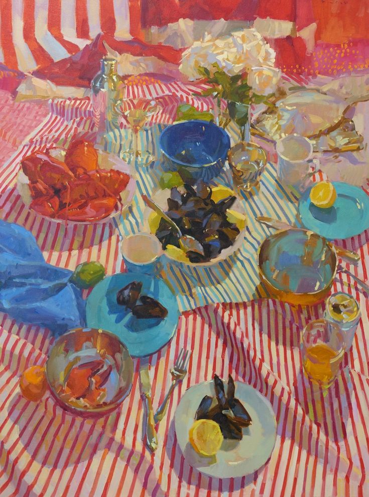 a painting of plates and bowls on a striped tablecloth with flowers in vases