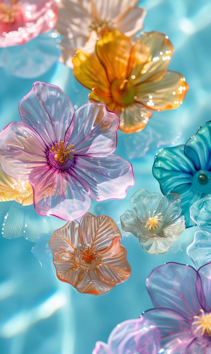 colorful glass flowers floating in a pool of water with ripples on the blue surface