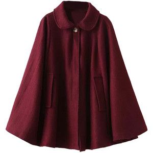 Choies Wine Red Lapel Poncho Cape Woolen Coat Red Cape Coat, Poncho Coat Cape, Wool Cape Coat, Red Wool Coat, Cape Tops, Poncho Coat, Red Cape, Lapel Coat, Wool Poncho