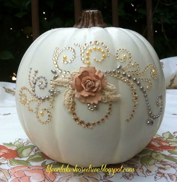 #Shabby Chic Pumpkin Glitz & Glitter.  Kathy says: Are you looking for a quick, easy way to give your pumpkins a little glitz?  I was at Hobby Lobby this week, and and saw these beautiful crystal appliques used for scrapbooking.  I couldn't pass them up, because I've been trying to decide how to decorate my white pumpkin.  See Tutorial... Cinderella Pumpkin, Halloween Decor Diy, Pretty Pumpkins, Diy Halloween Decor, Fall Wedding Decorations, Pumpkin Ideas, Fete Halloween, Halloween Wedding, Fall Holidays