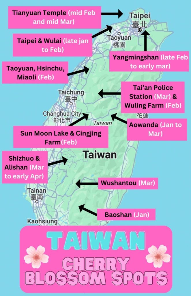 the taiwan cherry blossom spots are labeled in pink and green, with arrows pointing to different locations