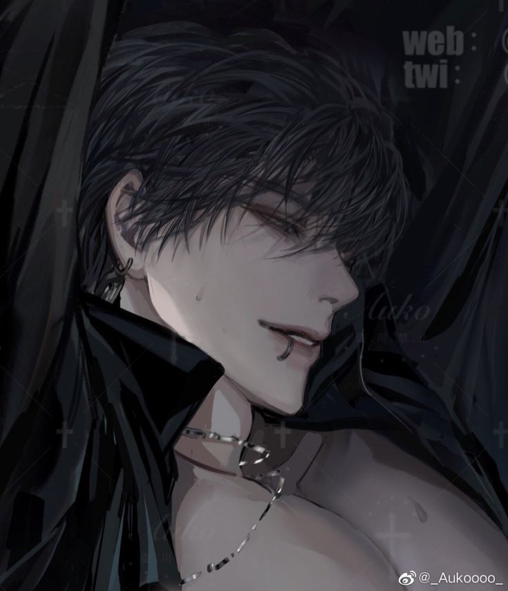 an anime character with black hair and piercings on his chest, in the dark