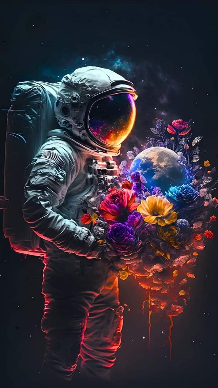 an astronaut holding flowers in his hands and looking at the sky with bright colors on it