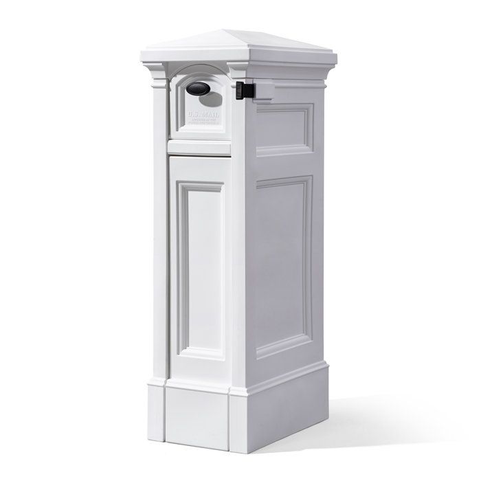 a white pedestal with a door on the side and a keyhole in the middle