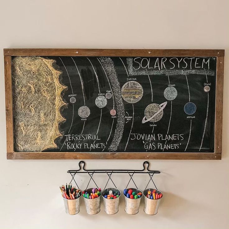 a chalkboard with solar system on it next to two buckets filled with crayons