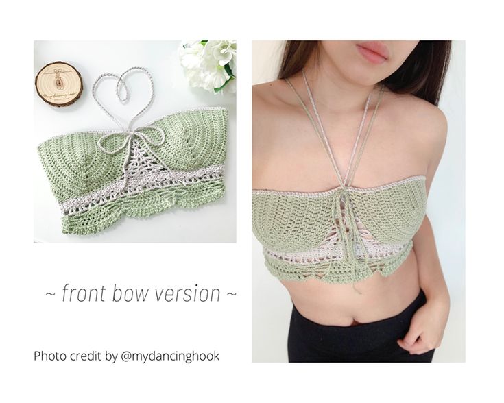 an image of a woman wearing a green bra and matching necklace with the words, front bow version - photo credit by emancingphok