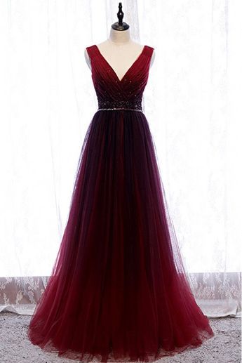 Shop flowy burgundy deep vneck formal dress tulle with sequined waist online. Sheprom offers formal, party, casual & more style dresses to fit your special occasions. Prom Formal Dresses, Simple Evening Dress, Long Party Dress, Prom Dresses Simple, Burgundy Prom Dress, Beaded Tulle, Red Prom, فستان سهرة, Dress A Line