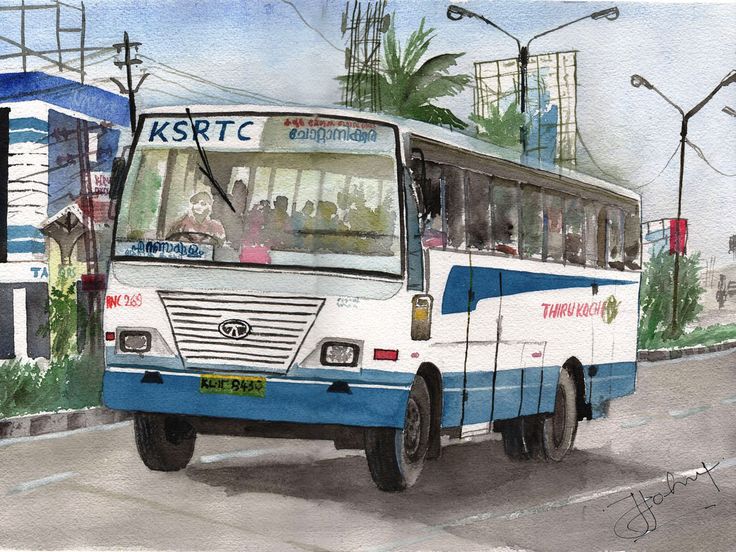 a watercolor painting of a bus driving down the street