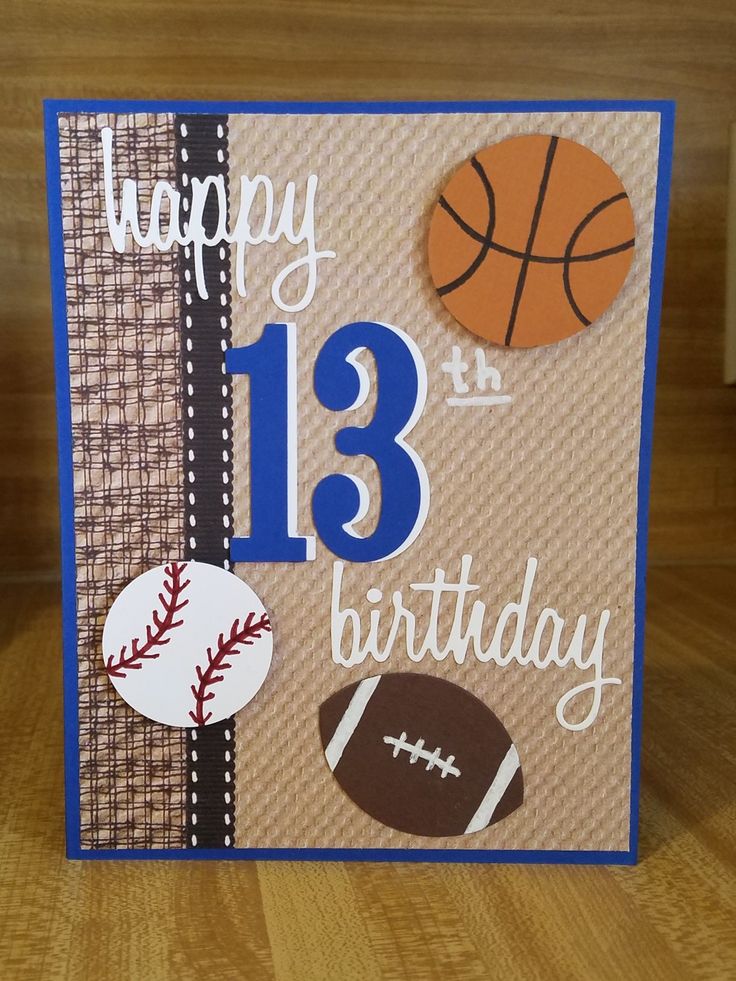 a happy birthday card with sports balls and the number thirteen on it's side