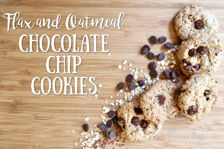 chocolate chip cookies with flax and oatmeal are on a cutting board