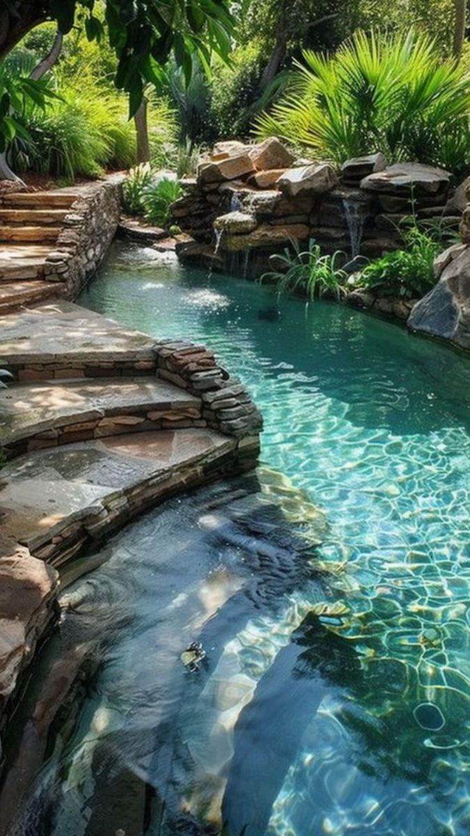 an outdoor swimming pool with steps leading to it and water features on both sides, surrounded by lush greenery