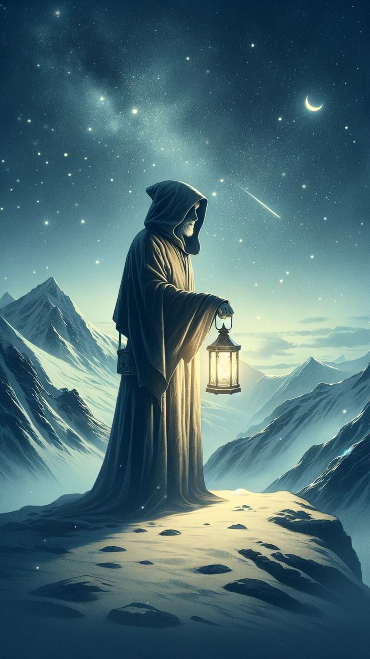 a person holding a lantern on top of a snow covered mountain under a night sky