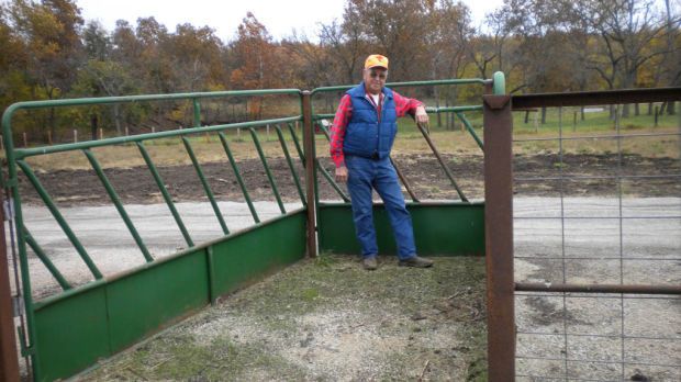 a man standing next to a green gate in the middle of a field with trees behind him