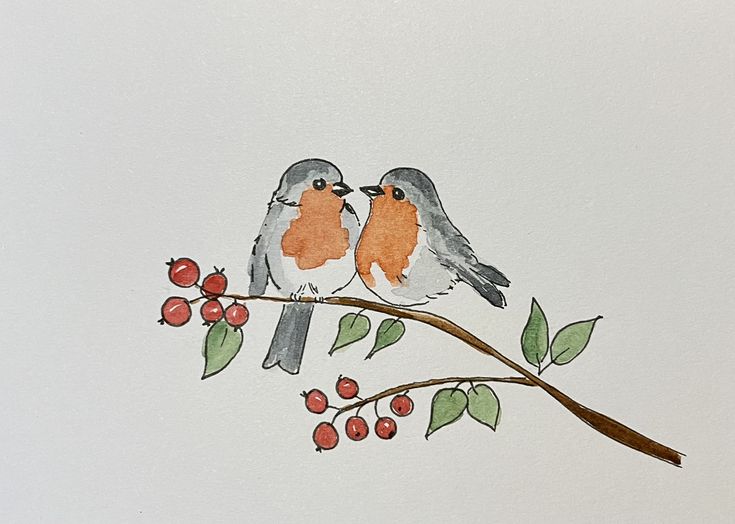 two birds sitting on top of a branch next to each other with berries around them