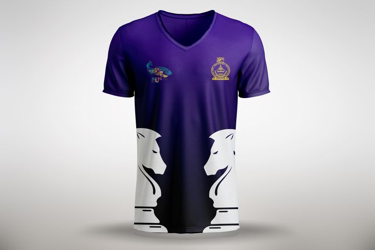 a purple and white soccer jersey with lions on the front, sitting against a gray background