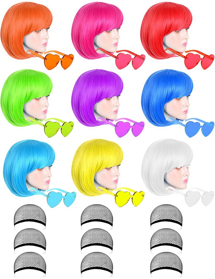 PRICES MAY VARY. 【Wigs + Neon Glasses + Wig Cap】The wig pack is included 9 pcs wigs for women + 9 pcs heart sunglasses + 9 pcs free wig cap, the extra love heart shaped rimless party sunglasses looks fashionable and novelty, making you look more attractive, suitable for most face shapes. They are best neon party decorations 【Premium Wig】The bob wigs are made of polyethylene, each color wigs is woven on an adjustable size mesh cap, breathable, don't worry about that they will do harm to your hair Neon Wig, Neon Glasses, Neon Party Decorations, Heart Shape Sunglasses, Short Bob Hair, Colorful Wigs, Color Wigs, Wigs Cosplay, Free Wig